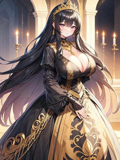 anime artstyle,Masterpiece,(Best Quality), (Super Detail),(Very Delicate and Beautiful),(Solo),((full body portrait)),full body,full body portrait,(detailed face and eyes),jewel-like beautiful eyes,(absolutely gorgeous ruffled black and gold rococo ballgow...