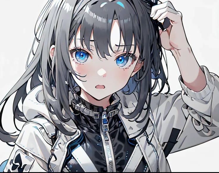 【Highest Quality, masutepiece】 [girl, Manteau, expressioness, blue eyes, front facing, black hair, Jacket comes off, Upper body] (Gray white background:1.7), Surprised, Sheer, Wet, wet dripping hair, wet hair,