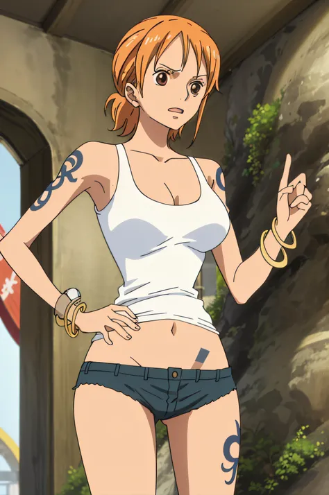 namicasual, short shorts, short ponytail, white tank top, 1girl, solo, short hair, large breasts, cleavage, brown eyes, jewelry, orange hair, bracelet, tattoo, bangle, armpits, belly