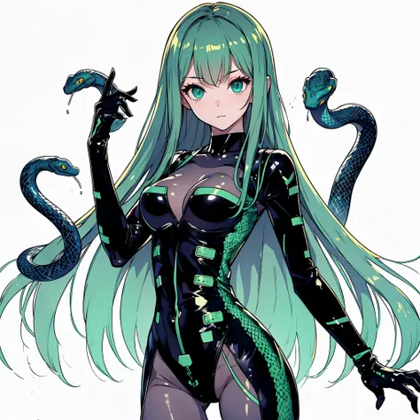 Girl in a bodysuit. she is wearing a cyber style bodysuit. A girl with a snake growing out of her body. she is wearing long black gloves. She has green hair. She has snake eyes.