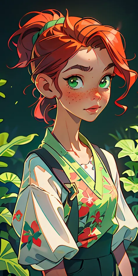 (masterpiece, best quality), 1girl, collarbone, wavy hair, looking at the viewer, blurry, upper body, necklace, suspenders, floral print, ponytail, freckles, red hair, sunlight, alien, green light, green molasses