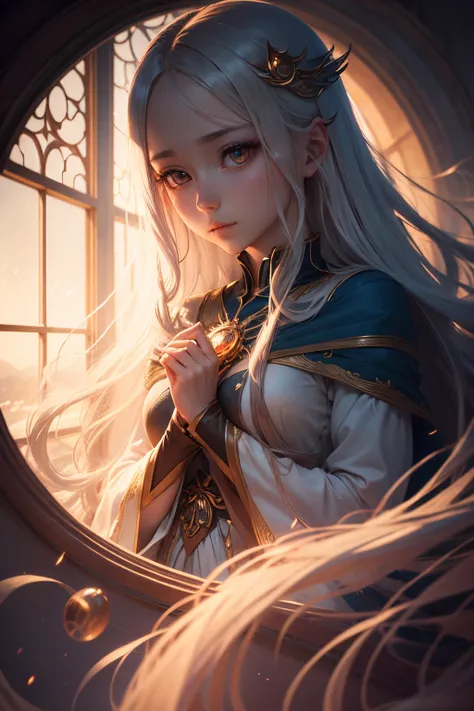 Stunning fantasy of a beautiful anime girl, long flowing hair, looking out of a window, deep in thought, symmetrical face, symmetrical eyes, mystical magical fantasy enchanted ethereal, cinematic shot, cinematic scene, stunning, breathtaking, a sense of ma...