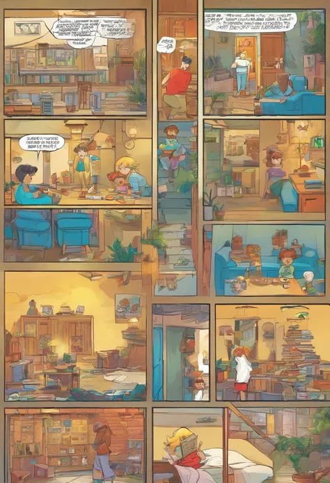 Quadrinhos americanos, The comic is presented in several irregular panels with colors. Micro Toy Poodle has a hard time running away from home, then reunites with her owner. Its owner is a little blond boy, in loose pants, camiseta larga e cabelos comprido...