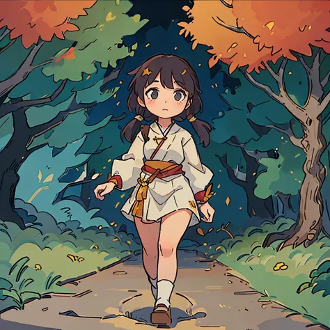 1 young girl, traditional clothing, walking along a wooded path,