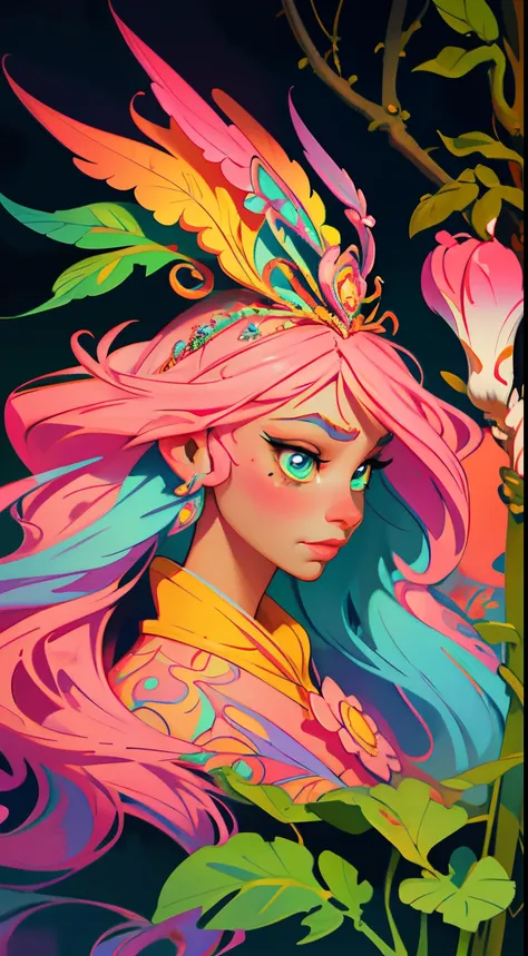 Symmetry, Finely Detailed Elaborate Ornate Forest Princess with Elaborately Detailed Colorful Eyes; by Lisa Frank, jeff koons, Orange and Pink, and Yellow and Teal, pretty face, intricate, elegant, highly detailed, digital painting, art station, concept ar...