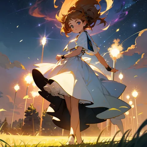 animesque　Fantastical　starrysky　A girl with chestnut hair wearing a white dress　retro street lamp　grass field　sacred place　Particles of light