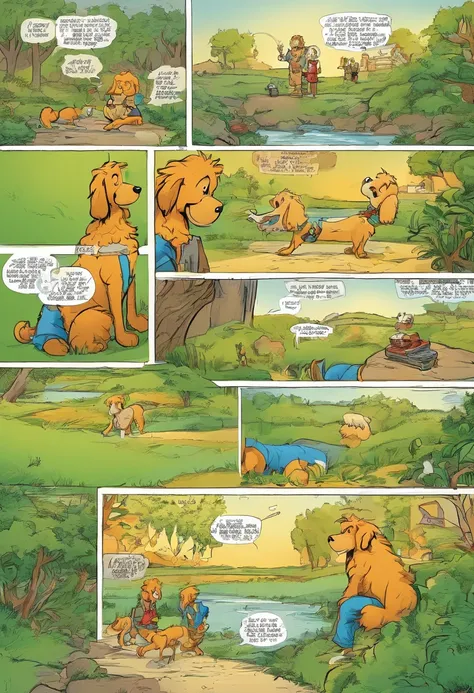 tirinhas em quadrinhos americanos, The comic book is presented in 3 panels with cores. Um Poodle Micro Toy conversa na beira de um lago com sua dona. Its owner is a little blonde boy with curly hair., in loose pants, camiseta larga e cabelos compridos mal ...