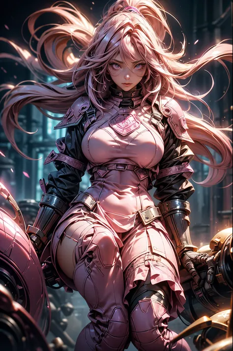 a pinkhaired scandinavian girl with half plate armor and frilly skirt over a skintight bodysuit, (long pink hair:1.4), pink eyes...