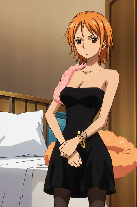 namiblackdress, 1girl, solo, short hair, cleavage, brown eyes, medium breasts, orange hair, feather boa, black dress, bracelet, bangle, pantyhose,, bed