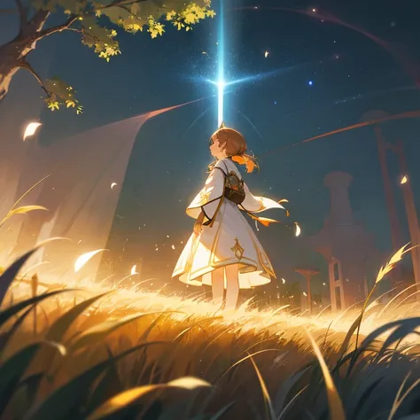 animesque　Fantastical　starrysky　A girl with chestnut hair wearing a white dress　retro street lamp　grass field　sacred place　Particles of light