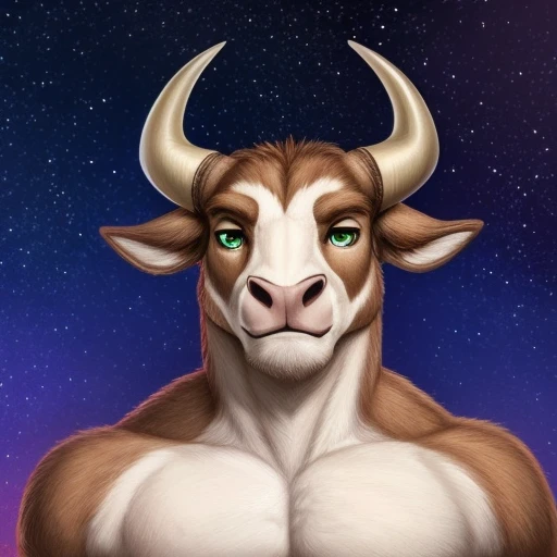 ((solo)), male, anthro, ((bull-face, medium-length horns, muscled body, brown and white furred body)), calm expression, green eyes, (starry background),