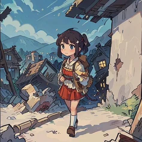 1 young girl, traditional clothing, walking in a destroyed village,