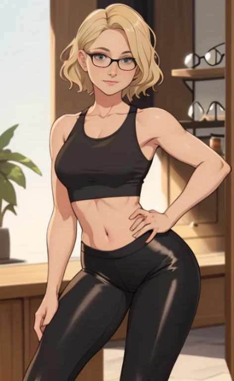 A beautiful barefoot blonde woman with wavy short hair wearing glasses, black leggings and a croptop.