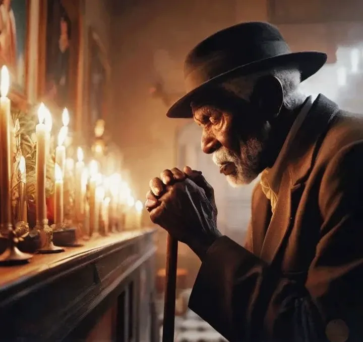 wired man in hat and coat in front of a row of candles, inspirado em Gordon Parks, Imagem absolutamente excepcional, Directed by: Gordon Parks, Absorto em pensamentos, praying, Wise old man, Rezar com tabaco, an amazing photo, em uma sala cheia de velas, b...