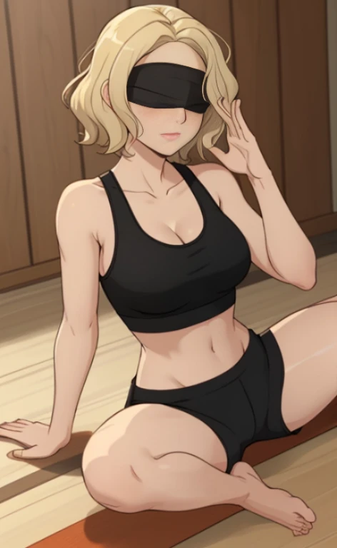 A beautiful blonde barefoot woman, with short wavy hair, wearing a blindfold, a black sportsbra and sportsshorts, doing the yoga lotos pose.