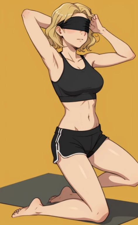 A beautiful blonde barefoot woman, with short wavy hair, wearing a blindfold, a black sportsbra and sportsshorts, doing the yoga lotos pose.