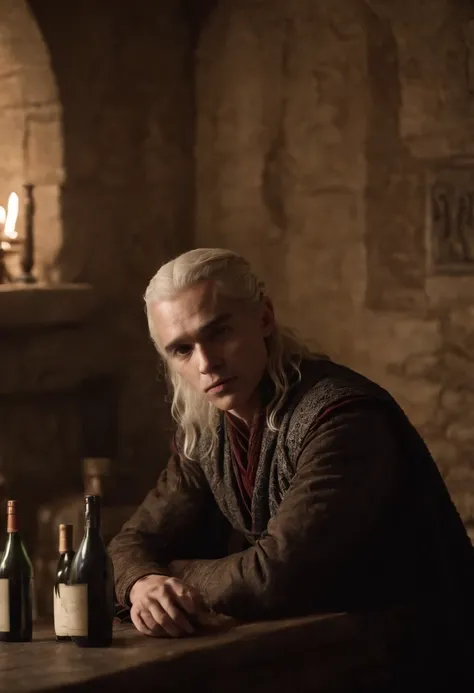 A photo of a man sitting alone in a dark and messy room, surrounded by empty bottles of wine.,Game of Thrones,Viserys Targaryen