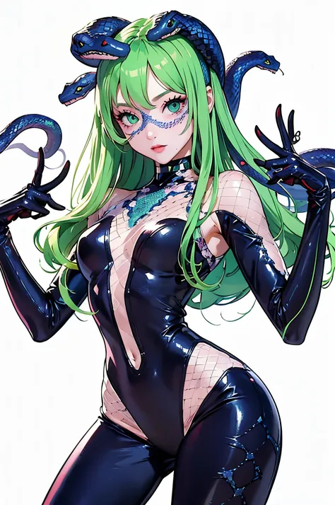 Girl in a bodysuit. she is wearing a cyber style bodysuit. A girl with snakes growing out of her body. she is wearing long black gloves. She has green hair. She has snake eyes.