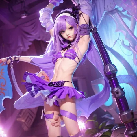 Light purple hair、Skull headband、small tits、short stature、Very skinny、bones are present、transparent purple miniskirt、Purple eyes、big axe、streaked々Micro Bikini