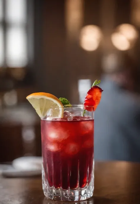 A close-up of a cocktail glass filled with a vibrant, blood-red drink,original,tall, muscular, well groomed with short stylish hair. always wearing designer business suits. looks like christian bale