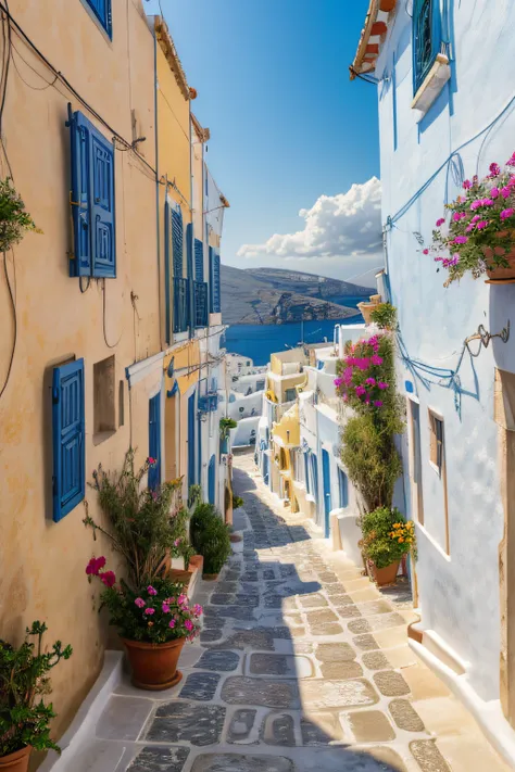 a small coastal town in Greece,with all the typical features of Greece,seaside,clear blue water,white-washed buildings,red rooftops,some buildings with blue doors and windows,winding narrow streets,stone-paved alleys,colorful flowers,olive trees,tavernas w...