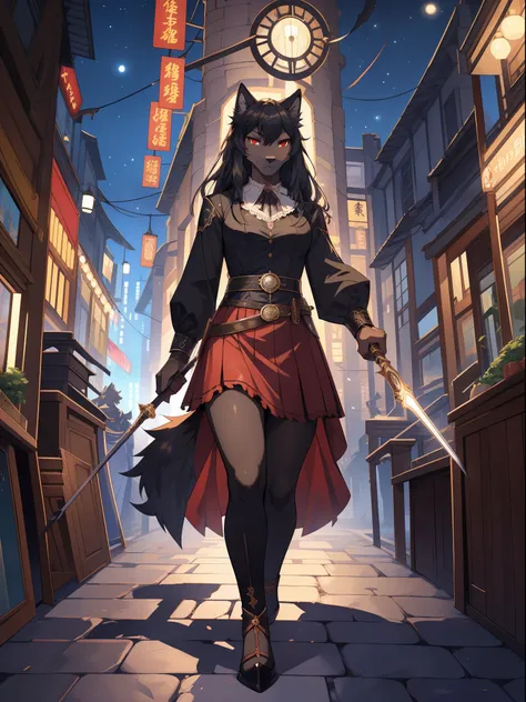 solo, Natasha, dark grey wolf, long flowy black hair, red eyes, wear long sleeve frilly white blouse, elegant revealing flowy brown skirt with belts, black stilletos, walking menacingly towards viewer, holding a rapier, steam lunk style rapier in hand, ste...