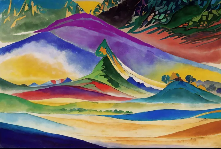 pintura de uma montanha com um pico amarelo no meio, inspirado em Martiros Saryan, inspirado em Nicholas Roerich, inspirado em Svetoslav Roerich, guache sobre tela, inspirado em Rockwell Kent, inspirado em Georges Lacombe, guache sobre papel, inspirado em ...