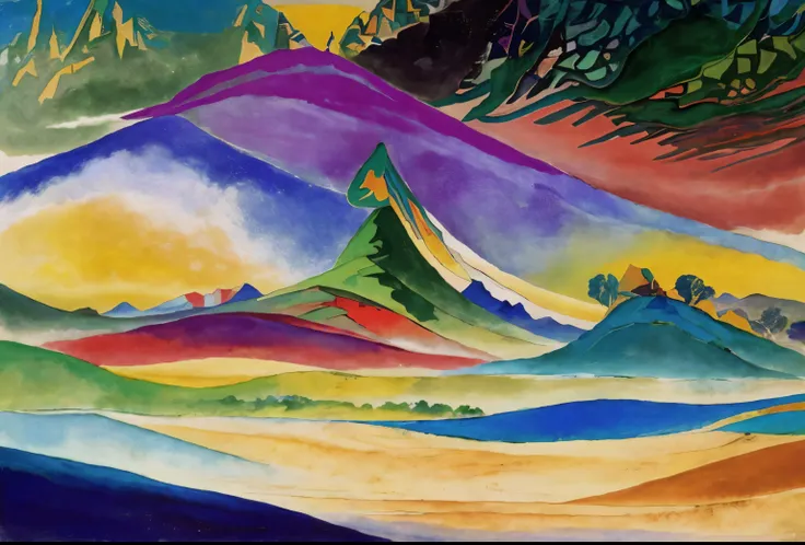 pintura de uma montanha com um pico amarelo no meio, inspirado em Martiros Saryan, inspirado em Nicholas Roerich, inspirado em Svetoslav Roerich, guache sobre tela, inspirado em Rockwell Kent, inspirado em Georges Lacombe, guache sobre papel, inspirado em ...