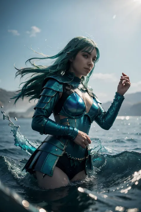 Water Genesi race, bard soldier, dnd 5e, character portrait, seaweed armor, iridescent blue-green hair moving as if under the water