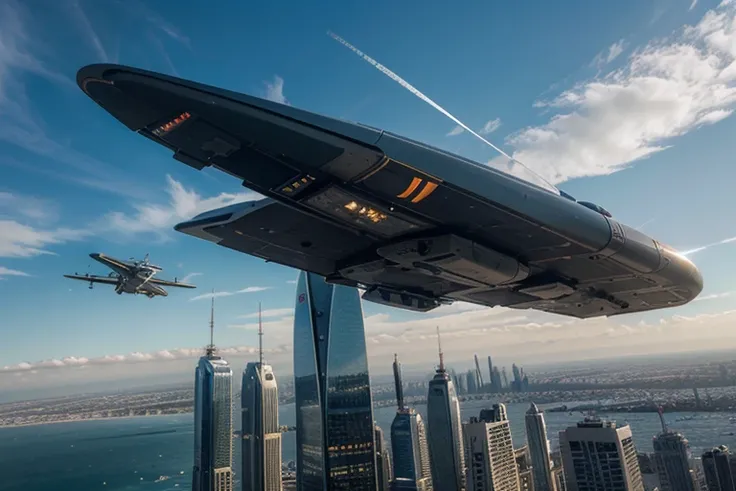 (best quality,photorealistic),(futuristic,high-tech:1.1),(panoramic perspective view, 20mm lens), some futuristic aircraft fly high in the sky, above a city of the future, very dinamic scene, cinematic ambient, epic shi-fi.