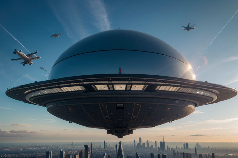 (best quality,photorealistic),(futuristic,high-tech:1.1),(panoramic perspective view, 20mm lens), some futuristic aircraft fly high in the sky, above a city of the future, very dinamic scene, cinematic ambient, epic shi-fi.