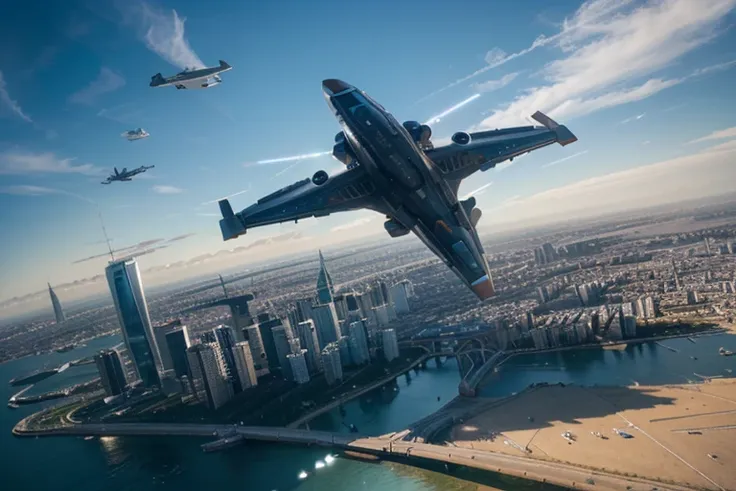 (best quality,photorealistic),(futuristic,high-tech:1.1),(panoramic perspective view, 20mm lens), some futuristic aircraft fly high in the sky, above a city of the future, very dinamic scene, cinematic ambient, epic shi-fi.