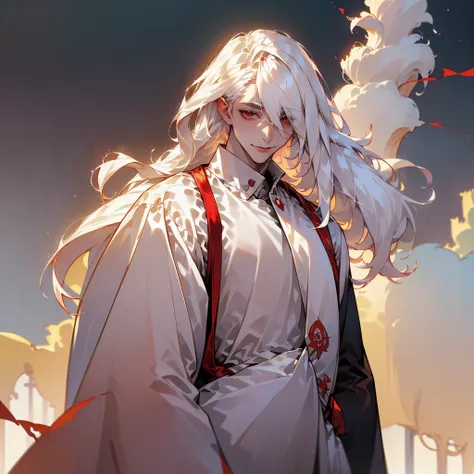 anime - stylistic image of a man with long white hair, man with white long hair standing in the lake and looking at the camera, ...