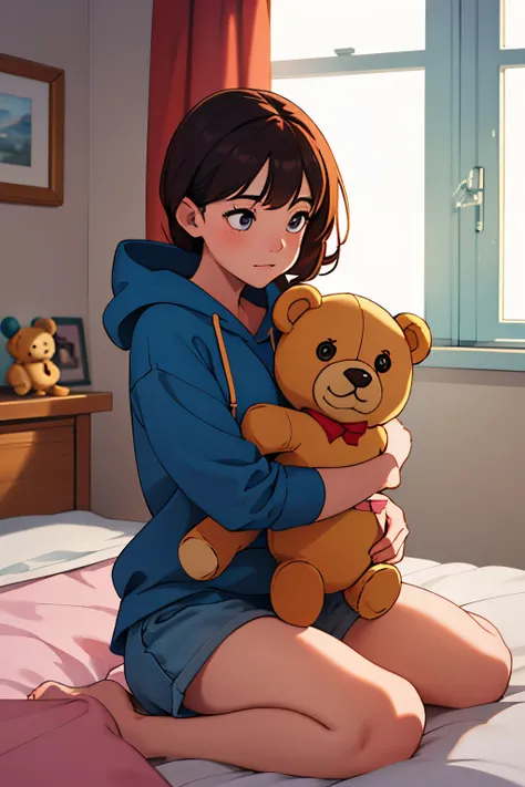 (masterpiece, best quality), 1girl, hugging teddy bear, wariza, in room, sunlight, stuffed toy, hoodie