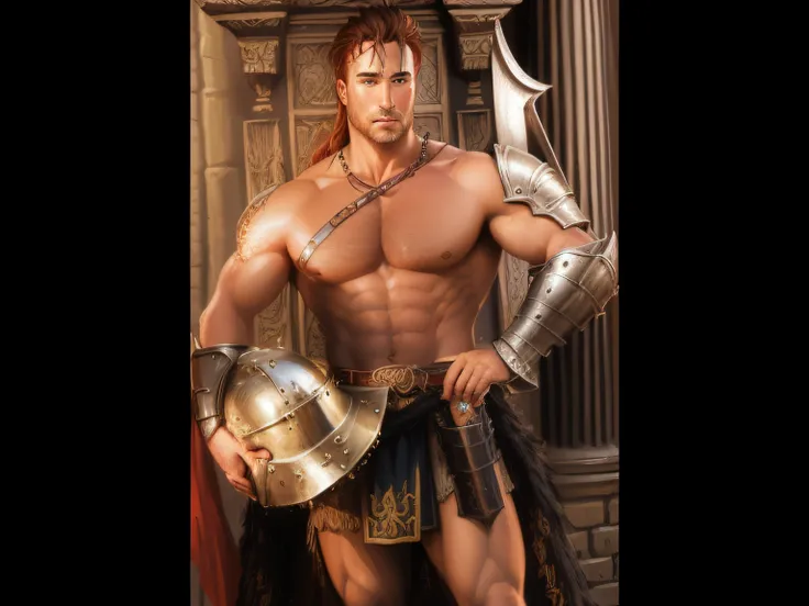 a shirtless man in gladia holding a sword and a helmet, in billy herrington body, roman gladiator, attractive beefy male with armor, dressed in roman armour,  William Glen Harold Herrington, gladiator, rpg, roleplaying game art, fantasy rpg, dnd art, high ...