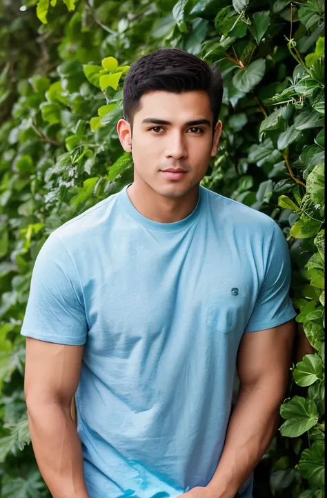 homem arafiado de camisa azul em frente a um arbusto, foto de retrato de um pano de fundo, tshirt azul apertada, asian male, andrew gonzalez, Cristiano Orrillo, Homem magro com pele bronzeada clara, Retrato de Danny Gonzalez, pano de fundo azul, Raphael Pe...