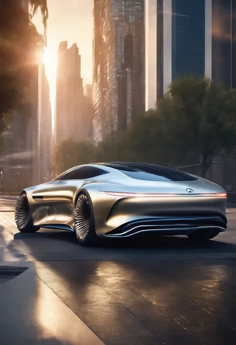 A futuristic Mercedes car drives through a futuristic metropolis, filled with digital 3D billboards and skyscrapers., golden hour, award-winning photo, ultra realistis, Highly detailed