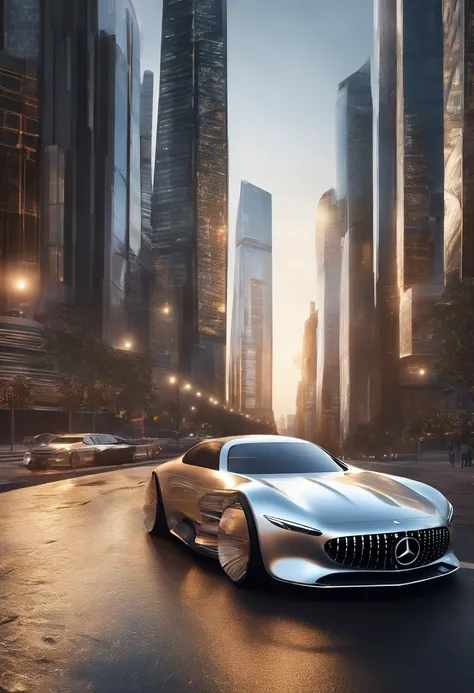 A futuristic Mercedes car drives through a futuristic metropolis, filled with digital 3D billboards and skyscrapers., golden hour, award-winning photo, ultra realistis, Highly detailed