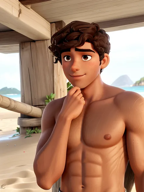 tall colombian boy with tan skin standing on the beach. he has curly dark brown hair that is wet, dark eyebrows that a a little bit bushy. His eyes are a light brownish color. he is somewhat muscular and isn’t wearing a shirt. he has a flower in his hair a...