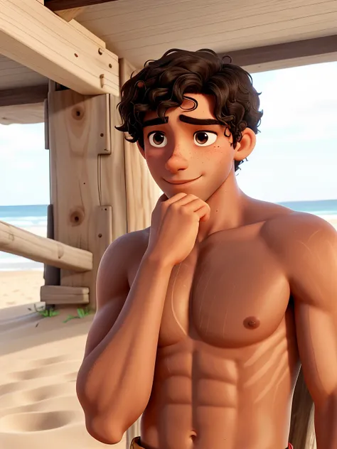 tall colombian boy with tan skin standing on the beach. he has curly black hair that is wet and dripping on his face. dark eyebrows that a a little bit bushy. His eyes are a brownish color. he is somewhat muscular but still a little skinny. he has prominen...