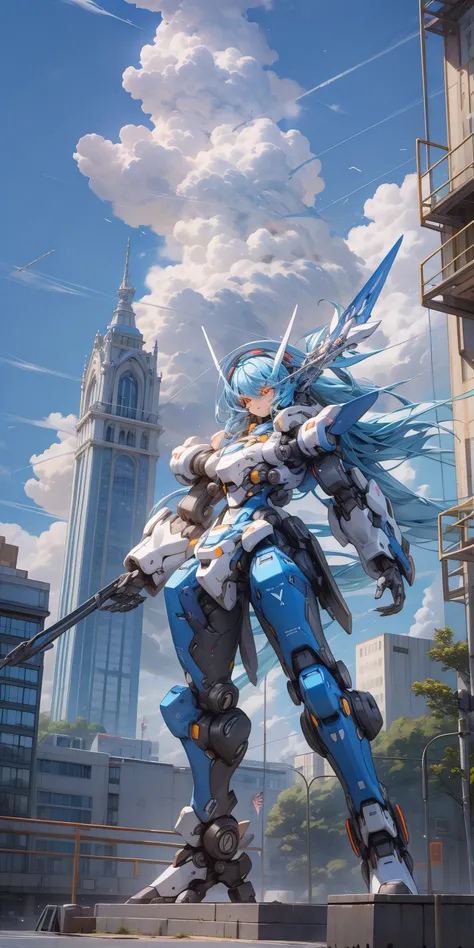 high definition, sky, clouds, spear weapon, glowing, state-of-the-art robot, building, glowing eyes, state-of-the-art mech, science fiction, city, real, blue main mech, core on chest,like Poseidon, chibi