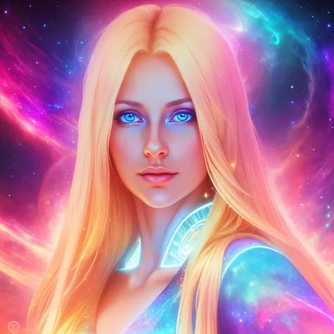 a close up of a woman with long blonde hair and blue eyes, blonde girl in a cosmic dress, portrait of a cosmic goddess, digital fantasy portrait, glowwave girl portrait, goddess of galaxies, fantasy art portrait, fantasy portrait, cgsociety portrait, beaut...