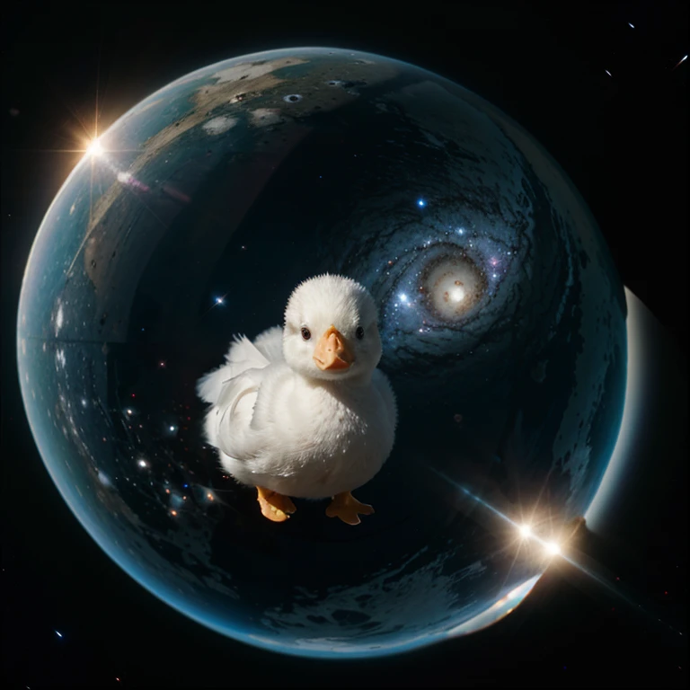 Cute white baby duck in space and in the background a galaxy.