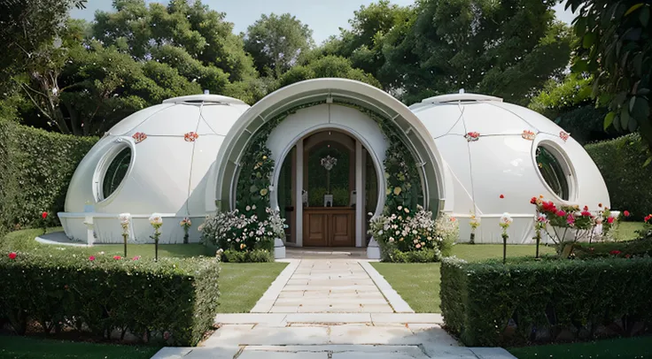 (best quality,photorealistic),(futuristic,high-tech:1.1) technological villa with a white domed roof, garden with many rose plants, white and red roses, pathway with trimmed grass)