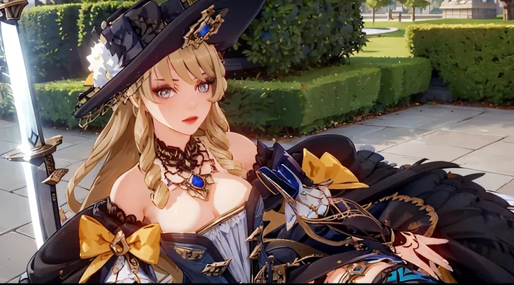 masterpiece, high quality, emotional impact, best shadow, cinemetic shot, perfect lighting,(bright),Navia (genshin impact), 1 (mature) female,(holding a sword,looking at viewer:1.3),long hair, embroided hat, solo, bow, black bow, blonde hair, hat feather, ...