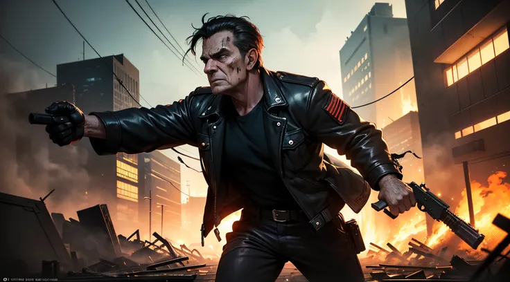 (best quality,4k,8k,highres,masterpiece:1.2),ultra-detailed,(realistic,photorealistic,photo-realistic:1.37),brutal anime guy,gun in his hands,shirt torn,burning helicopter,dark places of Tokyo, intense action,post-apocalyptic scene,smoke and fire effects,s...