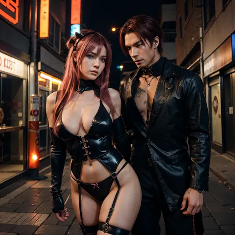 Anime style. There is a man and a woman in a street in the night, sfw version. The girl Is sexy and shy, She has Pink hair. The man Is taller, well dressed (salto and pepper hair), game screens hot, ben maier and sakimichan, seductive cyberpunk dark fantas...