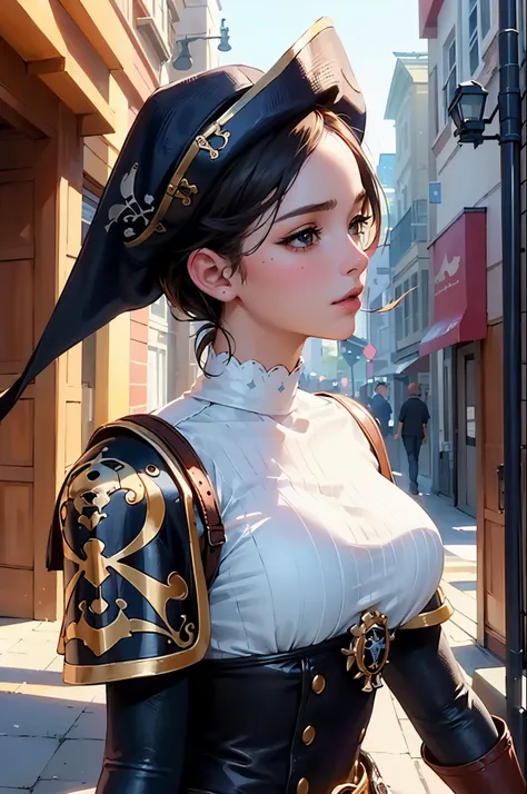 (masterpiece, best quality:1.4), (beautiful, perfect, delicate, detailed, intricate, aesthetic:1.2), realistic, cinematic shot, cinematic lighting, cinematic bloom, dramatic light, (1girl), pirate woman walking through the streets of a port town, (fantasy,...