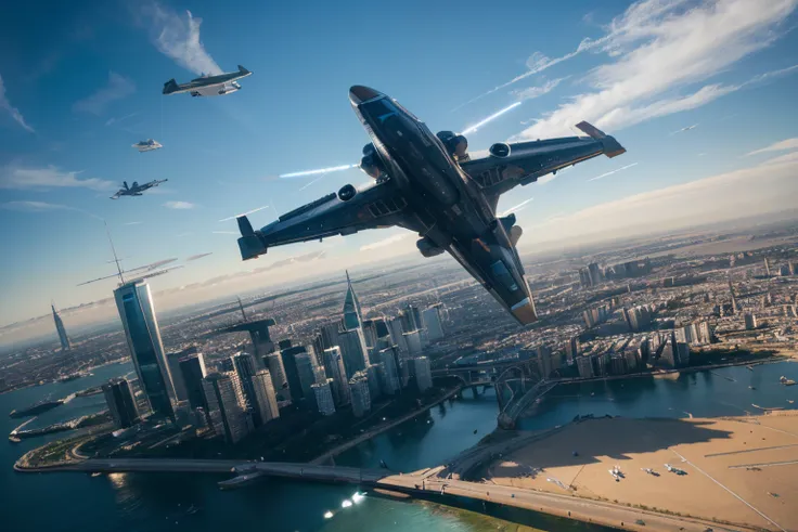 (best quality,photorealistic),(futuristic,high-tech:1.1),(panoramic perspective view, 20mm lens), some futuristic aircraft fly high in the sky, above a city of the future, very dinamic scene, cinematic ambient, epic shi-fi.