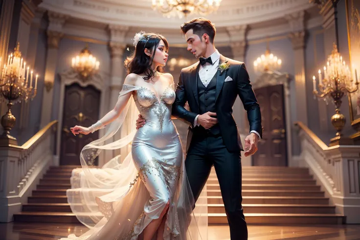 Draw a drawing of a couple dancing ballroom dancing, wearing elegant and lively costumes and a beautiful party room. --auto --s2